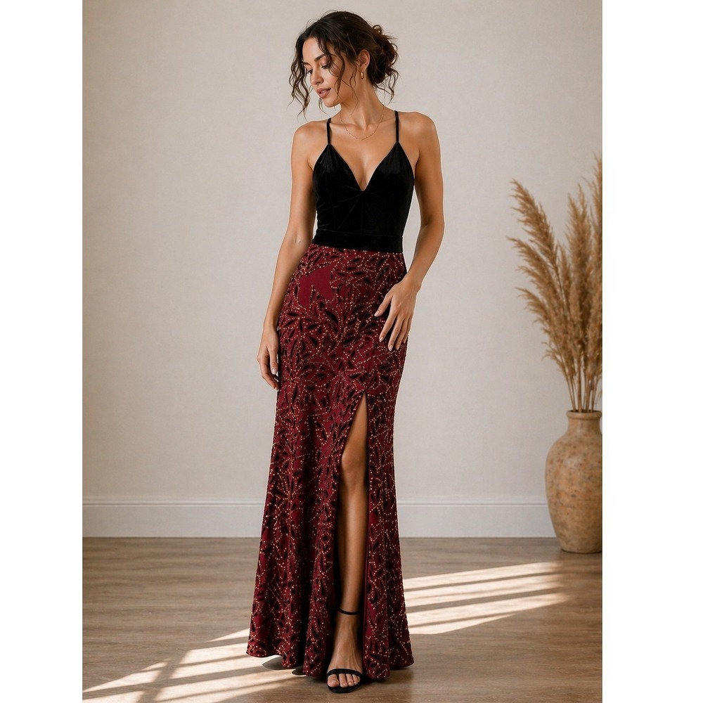 Vintage 90s Velvet Sparkle Maxi Dress Black Burgundy Slit Prom‎ Formal Y2K  5